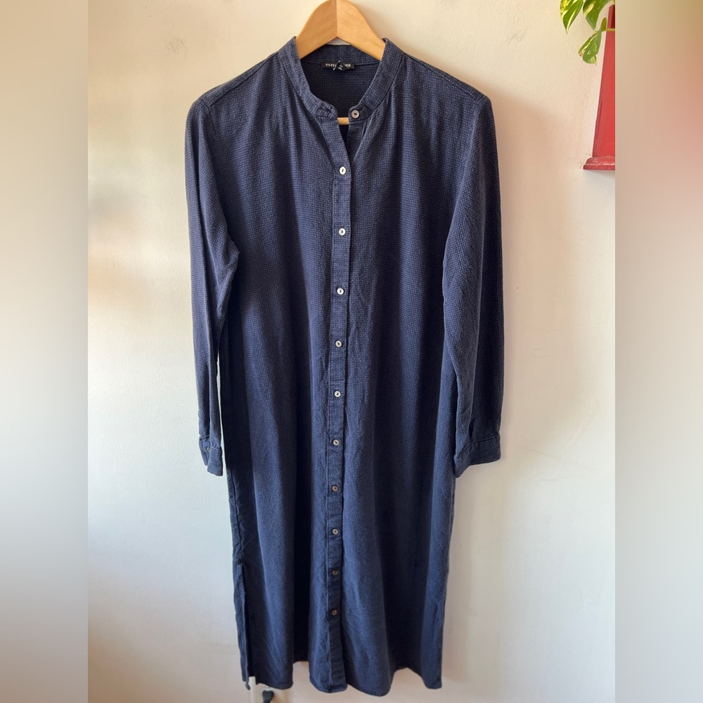 Eileen Fisher Navy Button-Up Long Sleeve Dress XS